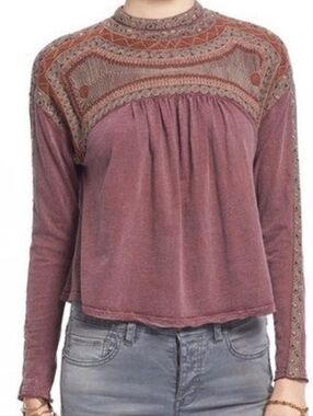 Free People Mauve Embroidered Yoke Long Sleeve Top